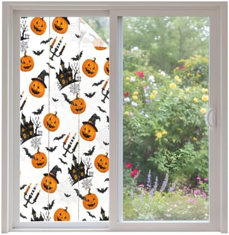Window Privacy Film Frosted, Orange Pumpkins Halloween Non-Adhesive Static Cling Window Tint, Haunted Houses Bats Horror Insulated Windows Frosted Films for Living Room, 35.4 x 78.7 Inches by Unknown