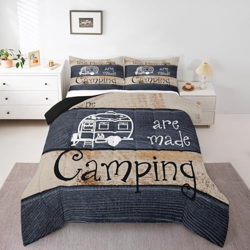 Erosebridal Happy Camping Comforter Full Rustic Camper Rv Comforter Set for Kids Adults Farmhouse Cabin Camper Bedding Set for Bunks,Navy Brown Barn Door Quilt Duvet Insert 2 Pillow Cases by Erosebridal