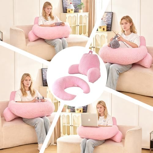 19" Reading Pillow for Bed,U Shaped Arm & Elbow Support,Pink Flannel - Image 5