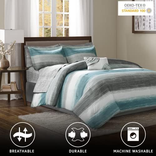 Madison Park Essentials Full Comforter Set, Bed in a Bag Full, Watercolor Print Coastal Comforter & Chambray Cotton Sheet Set, All Season Bedding Set, Saben, Aqua Full (78 in x 86 in) 9 Piece - Image 3