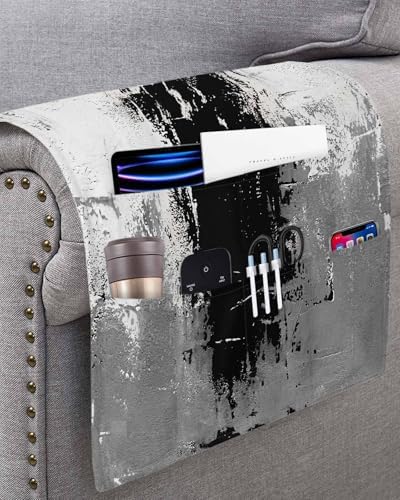 Sofa Armrest Organizer Bedside Caddy, Black Cement Gray Non Slip Couch Remote Control Holder for Recliner, Modern Abstract Art Black Armchair Caddy with Pocket for Magazine, Phone, 19.7"x35" - Image 3