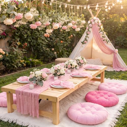 Beeveer 91 x 71'' Extra Large Outdoor Picnic Blanket with Pink Table Runner 6 Napkins and 6 Pink Floor Pillows Cushions for Picnic Party Camping Wedding Bachelorette Birthday Baby Shower Decor - Image 2