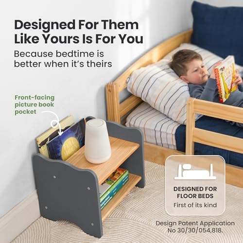 Ocodile Kids Nightstand for Floor Beds, Solid Wood Small Bedside Table with Book Pocket, Low Tiny Nightstand for Nursery, Toddler & Kids Room, Montessori Style Side Table - Gray - Image 3