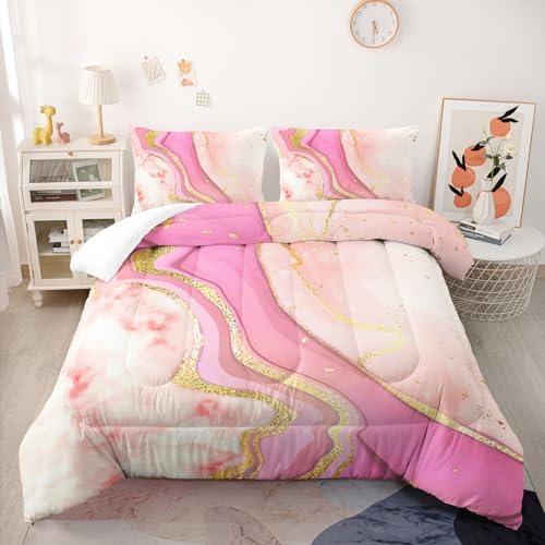 Nttopship Pink Marble Comforter Set 3 Pieces Twin Size Quicksand Gold Powder Marble Bedding Set Soft Microfiber Minimalist Wind Room Decor Comforter Sets with 2 Pillowcases - Image 2