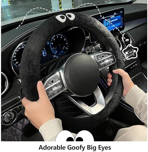 Car Headrest Pillow & Steering Wheel Cover Set with Cute Big-Eyed Furball Travel Neck Support Pillow Fur Car Interior Accessory (Black 3Pcs Set) - Image 3