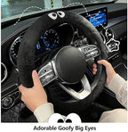 Car Headrest Pillow & Steering Wheel Cover Set with Cute Big-Eyed Furball Travel Neck Support Pillow Fur Car Interior Accessory (Black 5Pcs Set) - Image 3