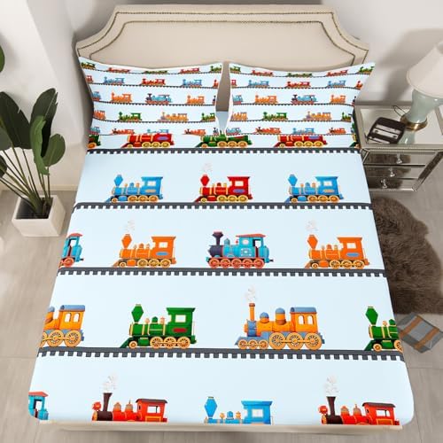Erosebridal Cartoon Train Fitted Sheet for Boys Girls Kids Cute Steam Engine Twin Bed Sheets,Colorful Vehicles Sheets Locomotive Train Bedding Sets (Light Grey Blue), No Top Sheet - Image 2