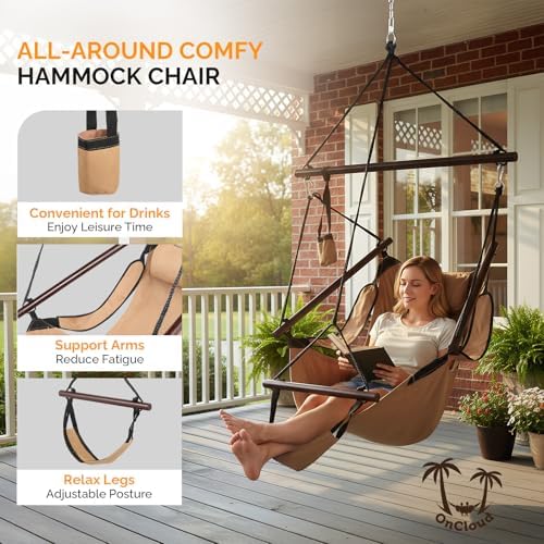 ONCLOUD Upgraded Unique Hammock Sky Chair, Air Deluxe Hanging Swing Seat with Rope Through Beech Wood Bar Safer Relax with Drink Holder & Fuller Pillow for Indoor Outdoor Patio Yard 250LBS (Tan) - Image 2