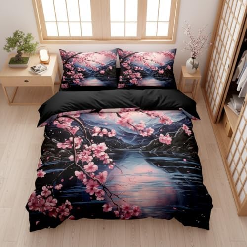 CCoutueChen Japanese Cherry Blossom Comforter Set King Women Black Pink Floral Bedding with 2 Pillowcases, 3Pcs Soft Farmhouses Country Bedroom Decor Quilt Set, 104"x90" - Image 6