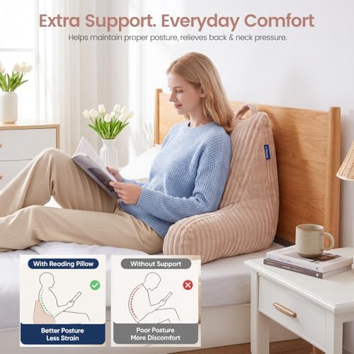 Reading Pillow for Sitting up in Bed, Adjustable Memory Foam Bed Rest Pillow, Wide-wale Plush Cover Machine Washable, Neck Back and Lumbar Support Pillow-Pink - Image 3