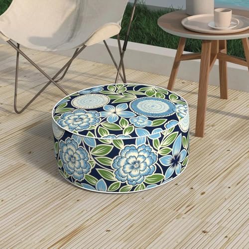 Outdoor Patio Inflatable Ottoman, 21x9 Inch Portable Stool Ottoman with Handle, Round Footrest Stool for Home Garden Camping, Azure Bloom by MelodyElephant