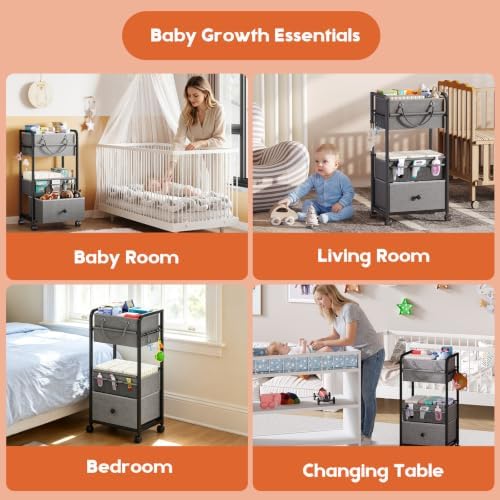 Cidaziya 3In1 Baby Diaper Caddy Organizer, 3 Tier Rolling Cart with Drawer, Detachable Dividers, Mobile Utility Cart Baby Dresser Clothes Organizer for Crib, Bedroom, Art & Craft Storage, Grey - Image 6