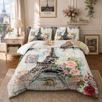Nttopship Romantic Eiffel Tower Comforter Set Queen Size for Adults 3Pcs,Retro Style Eiffel and Flowers Bedding Set Soft Comfoter for All Season by Nttopship