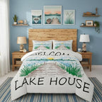 Lake House Comforter Set King Size Rustic Farmhouse Bedding Set for Kids Adults Women Teens Cabin Home Room Decor Watercolor Lake Mountain Scenery Quilted Duvet Retro Plaid Print Duvet Insert 3pcs by CastleFairy