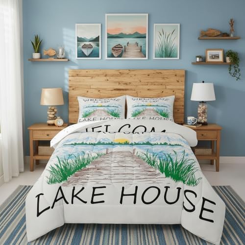 Lake House Comforter Set King Size Rustic Farmhouse Bedding Set for Kids Adults Women Teens Cabin Home Room Decor Watercolor Lake Mountain Scenery Quilted Duvet Retro Plaid Print Duvet Insert 3pcs by CastleFairy