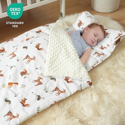 david's kids Toddler Nap Mat with Pillow and Minky Fleece Blanket, 55"x23",Ultra Soft Slumber Bags for Kids, Perfect for Preschool, Daycare, Kids Sleeping Bags with Rollup Design, Woodland Animals - Image 2