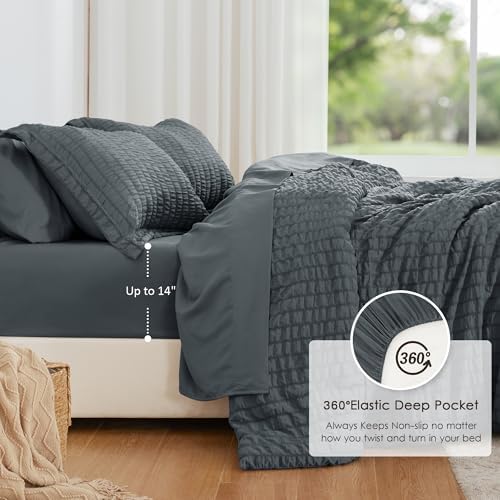 Seersucker Charcoal Grey King Size Comforter Set, 7-Piece Bed in a Bag - Image 3