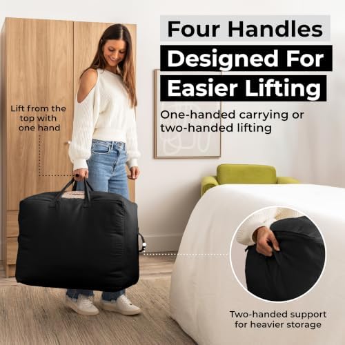 Soft Canvas Storage Bags with Zipper. Thick Breathable, 2pc King/Queen Comforter Organizer. Four Carrying Handles and Window. Large 25x19x9in Bag for Sheets Blankets Bedding Pillows, Clothes (Black) - Image 4