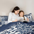 Castle Fairy Nautical Themed Checkered Bedding Comforter Twin Size Ocean Adventure Comforter Set for Kids Boys Teens,Navy Blue Rudder and Boat Anchor Quilted Duvet Patchwork Stripes Duvet Insert 2pcs - Image 2