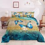 HOSIMA Butterfly Comforter Set with 2 Pillow Sham, Blue Floral Comforter - Queen Size for Kids and Women, Golden Vintage Pattern Bedding Set - Image 3