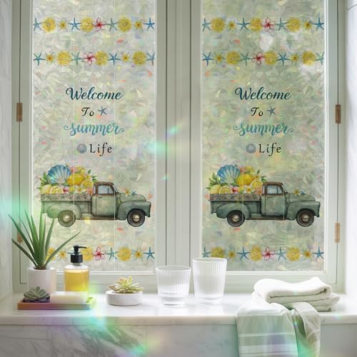 Summer Truck Lemon Window Privacy Film Rainbow Static Cling Stain Glass Window Film for Glass Door, Decorative Heat Blocking Sunroof Decal Sticker for Car 35.4"x78.7" Nautical Coastal Linen Texture - Image 6