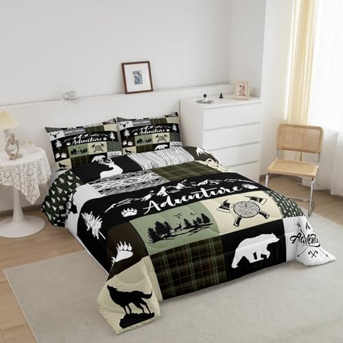 Castle Fairy Deer Antlers Comforter Set Twin Size,Bear Pine Arrow Hunting Adventure Bedding Set for Kids Boys Men,Camper Retro Green Plaid Checkered Quilted Duvet Set with 1 Pillowcase - Image 3