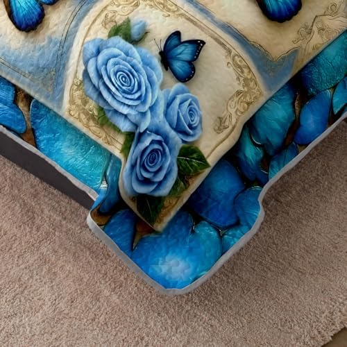HOSIMA Blue Butterfly Floral Patchwork Quilt Full Size with 2 Pillowcases. - Image 4