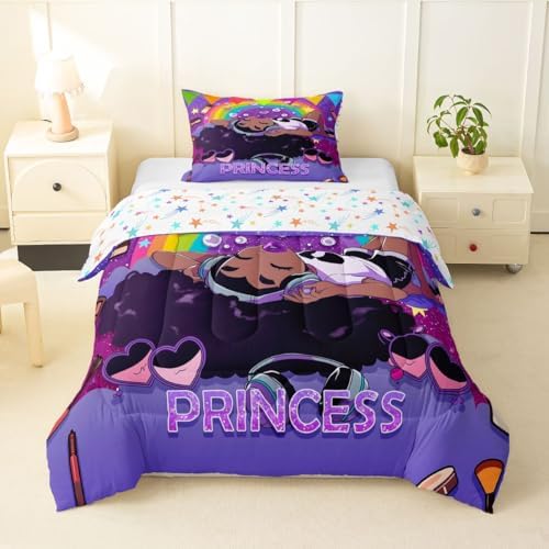Erosebridal Black Girls Comforter Set Magical African American Toddler Bedding Set Rainbow Afro Pretty Girls Comforter Love Music Purple Girl Duvet Insert for Teens Kids Princess Cute Room Decor by Erosebridal