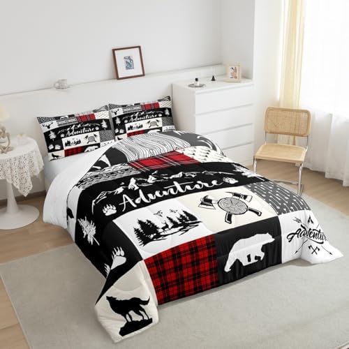 Castle Fairy Deer Antlers Comforter Set King Size,Bear Pine Wolf Hunting Camper Bedding Set All Season Quilt Set,Adventure Rustic Farmhouse Red Plaid Microfiber Polyester Down Comforter - Image 2