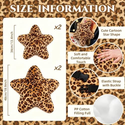 4 Pack Cute Yellow Star Car Headrest Pillow and Back Support Pillow Plush Car Neck Pillows for Driving Soft Star Shaped Throw Pillow for Car Interior Decor (Leopard Print) - Image 2