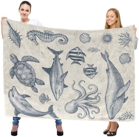 Vintage Ocean Animals Throw Blanket, Lightweight Warm Nautical Flannel Blanket with Dolphin Turtle Whale Octopus, Home Decor and Gifts, Soft Cozy Blankets for Women Kids, 50"x60" for Bed Couch Travel - Image 2