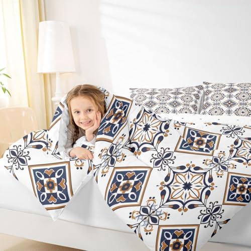Erosebridal Mexican Talavera Tile Toddler Bedding Set,Mexico Style Tiles Comforter Set for Kids,Retro Vintage Floral Duvet Insert,Ethnic Geometric Bedroom Decor with 1 Pillowcase - Image 3
