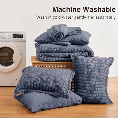 Seersucker Navy Blue King Size Comforter Set, 7-Piece Bed in a Bag - Image 6