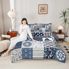 Castle Fairy Nautical Themed Checkered Bedding Comforter Twin Size Ocean Adventure Comforter Set for Kids Boys Teens,Navy Blue Rudder and Boat Anchor Quilted Duvet Patchwork Stripes Duvet Insert 2pcs by CastleFairy