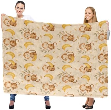 Cute Monkey and Banana Throw Blanket, Lightweight Warm Adorable Cartoon Animal Flannel Blanket, Home Decor and Gifts, Soft Cozy Blankets for Women Kids Boys Girls, 60"x80" for Bed Couch Travel - Image 2