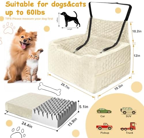 Dog Car Seat for Medium/Large Dog Booster Seat Under 60 lbs or 2 Small Dogs, Multi-Functional Pet Car Seat with Thick Cushion, 2 Safety Leashes (White) - Image 2