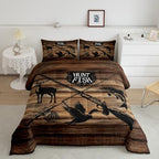 Retro Hunt Fish Comforter Set Twin Size,Retro Farm Wooden Board Quilt Set for Kids Boys Bedroom Collection,Deer Bird Fish Animal Hunting Polyester Bedding with 1 Pillowcase,2Pcs - Image 4
