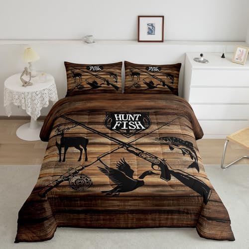 Retro Hunt Fish Comforter Set Twin Size,Retro Farm Wooden Board Quilt Set for Kids Boys Bedroom Collection,Deer Bird Fish Animal Hunting Polyester Bedding with 1 Pillowcase,2Pcs - Image 4