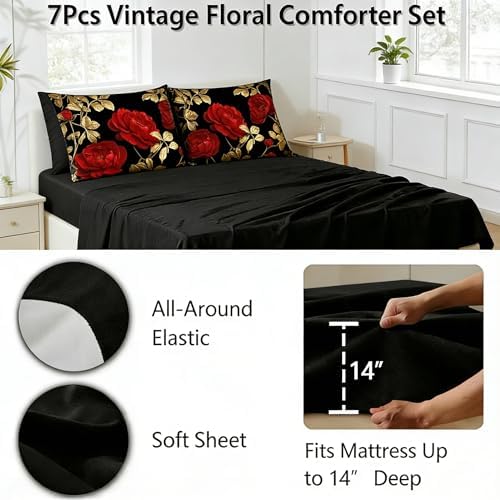 CCoutueChen Vintage Floral Full Size Bed in A Bag for Girls, 7Pcs Burgundy Comforter Set for Gothic Bedroom Decor, Black Floral Quilted Bedding with 2 Pillowcases, 79"x90" - Image 6