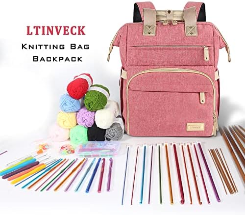 LTINVECK Knitting Bag Backpack,Yarn Storage Organizer Travel Crochet Bag,Large Capacity Tote Bag Yarn Holder Case for Carrying Projects, Knitting Needles, Crochet Hooks Pink - Image 3