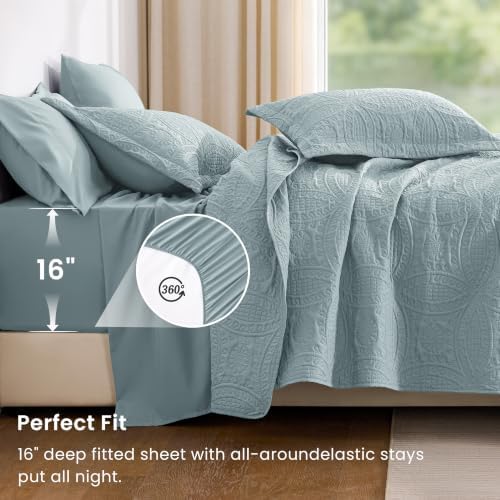 Love's cabin Quilts for Queen Bedspreads, 7 Pieces Bed in a Bag, Spa-Blue - Image 4
