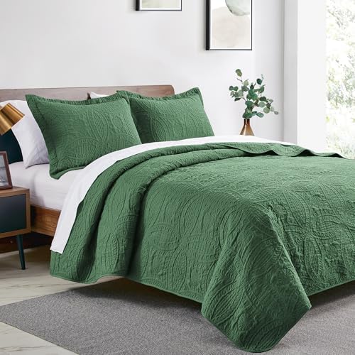 Love's cabin King Size Quilt Set Dark Green Bedspreads - Soft Bed Summer Lightweight Bedspread Comforter - Modern Style Coin Pattern Coverlet for All Season - 3 Pieces (1 Quilt, 2 Pillow Shams) - Image 2