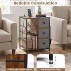 Giantex Industrial Nightstand Set 2 with Charging Station, End Side Table w/3 Fabric Drawers, Side Storage Pockets, Open Shelves, Metal Frame, Rustic Bedside Table Night Stand for Bedroom Entryway (2) - Image 6