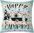 Feelyou Teal Happy Camping Throw Pillow Covers 16"x16" Set of 4 Kids Camper Decorative Pillow Case Pillowcase Gifts for RV Owners Rustic Farmhouse Style Cushion Case RV Camping Outdoor Pillows Covers by Feelyou