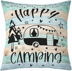 Feelyou Teal Happy Camping Throw Pillow Covers 16"x16" Set of 4 Kids Camper Decorative Pillow Case Pillowcase Gifts for RV Owners Rustic Farmhouse Style Cushion Case RV Camping Outdoor Pillows Covers by Feelyou