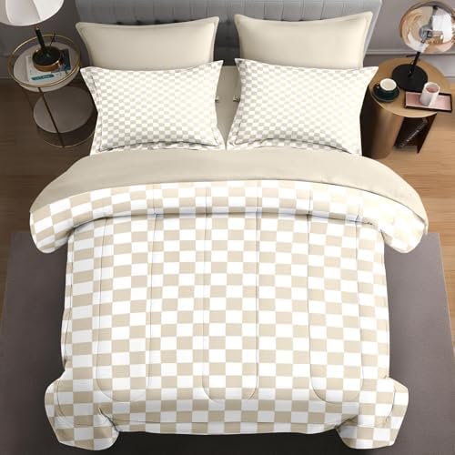 Comforter Set of 7, Soft, King Size, Beige Checkered Plaid by Nesphy