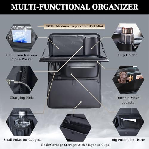 Coverado Backseat Car Organizer, Nappa Leather Car Seat Organizer with Touch Screen Tablet Holder, Foldable Food Tray, Kick Mats Protector, Multi Car Storage Accessories, Garbage Bag Holder-1 Pack - Image 3