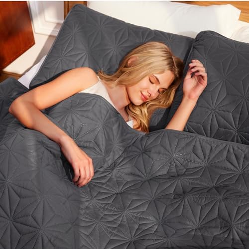 Whale Flotilla King Size Quilt Bedding Set, Soft Grey King Quilts Bedspreads for All Seasons, Lightweight Geometric Star Pattern Coverlets - 3 Pieces(1 Quilt, 2 Pillow Shams) - Image 4