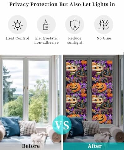 Window Privacy Film Frosted, Pumpkins Halloween Reusable Static Cling Window Tints, Black Horror Purple Check Floral Heat Control Windows Films for Offices, Balcony, 29.5 x 118 Inches - Image 6