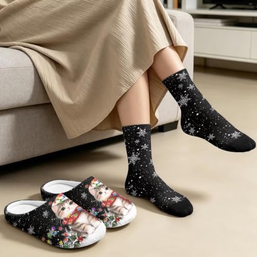 Jeiento Winter Fuzzy Slipper and Crew Socks for Women,Adult Slip-on Close Toe House Slipper,Flat Comfort home Slides - Image 3